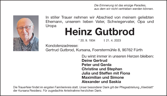 Traueranzeige von Heinz Gutbrod von Fürther Nachrichten Lokal