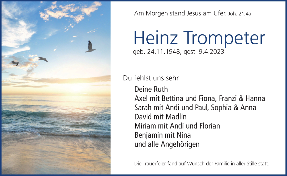  Traueranzeige für Heinz Trompeter vom 22.04.2023 aus Gesamtausgabe Nürnberger Nachrichten/ Nürnberger Ztg.