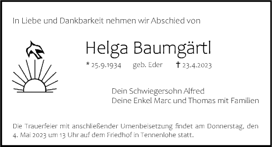 Traueranzeige von Helga Baumgärtl von Gesamtausgabe Nürnberger Nachrichten/ Nürnberger Ztg./ Erlanger Nachrichten