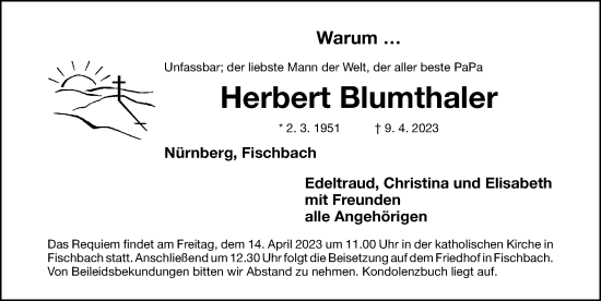 Traueranzeige von Herbert Blumthaler von Gesamtausgabe Nürnberger Nachrichten/ Nürnberger Ztg.