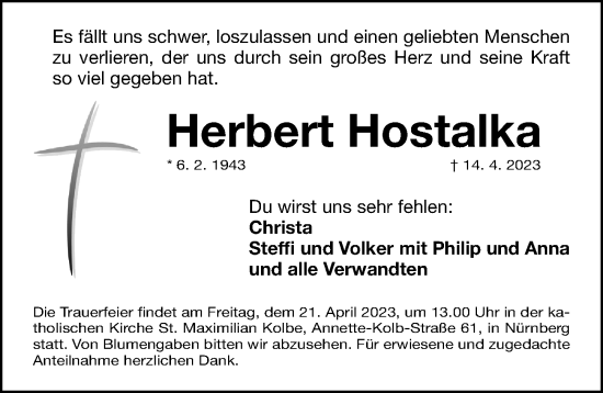 Traueranzeige von Herbert Hostalka von Gesamtausgabe Nürnberger Nachrichten/ Nürnberger Ztg.