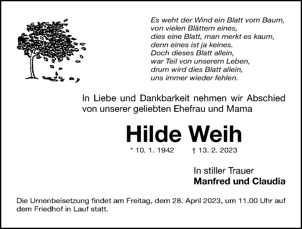  Traueranzeige für Hilde Weih vom 22.04.2023 aus Gesamtausgabe Nürnberger Nachrichten/ Nürnberger Ztg.