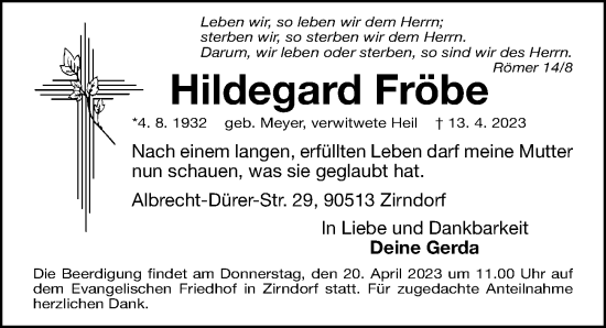 Traueranzeige von Hildegard Fröbe von Fürther Nachrichten Lokal