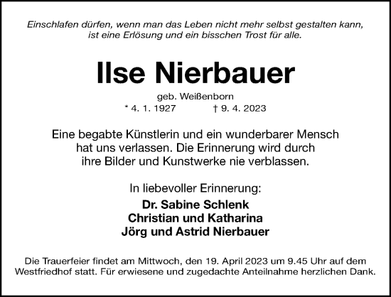 Traueranzeige von Ilse Nierbauer von Gesamtausgabe Nürnberger Nachrichten/ Nürnberger Ztg.