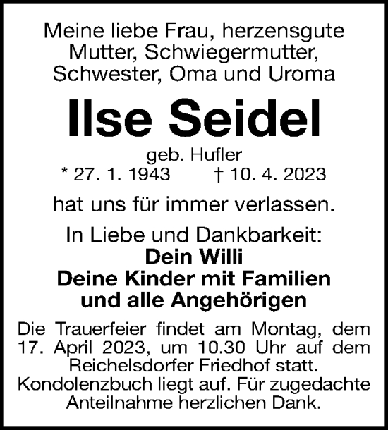 Traueranzeige von Ilse Seidel von Gesamtausgabe Nürnberger Nachrichten/ Nürnberger Ztg.