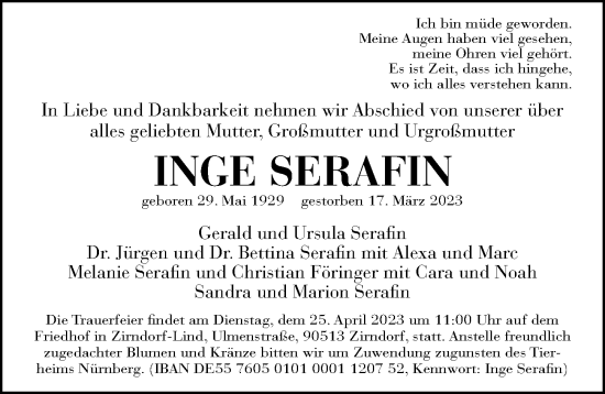 Traueranzeige von Inge Serafin von Gesamtausgabe Nürnberger Nachrichten/ Nürnberger Ztg.