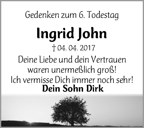 Traueranzeige von Ingrid John von Gesamtausgabe Nürnberger Nachrichten/ Nürnberger Ztg.