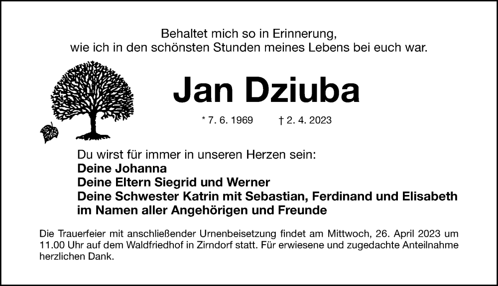  Traueranzeige für Jan Dziuba vom 22.04.2023 aus Gesamtausgabe Nürnberger Nachrichten/ Nürnberger Ztg.