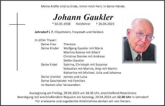 Traueranzeige von Johann Gaukler von Roth-Hilpoltsteiner Volkszeitung Lokal