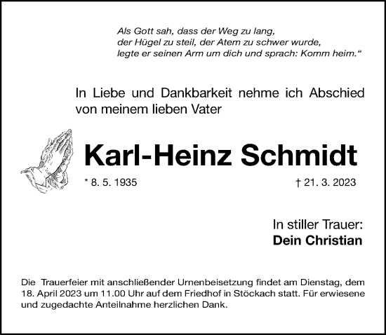Traueranzeige von Karl-Heinz Schmidt von Nordbayerische Nachrichten Forchheim Lokal
