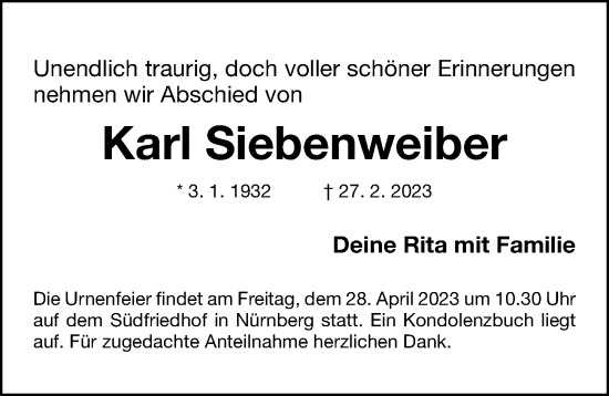 Traueranzeige von Karl Siebenweiber von Gesamtausgabe Nürnberger Nachrichten/ Nürnberger Ztg.