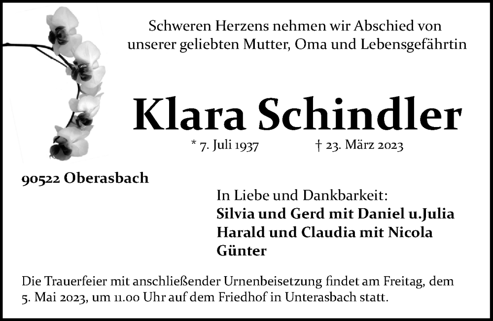  Traueranzeige für Klara Schindler vom 29.04.2023 aus Fürther Nachrichten Lokal
