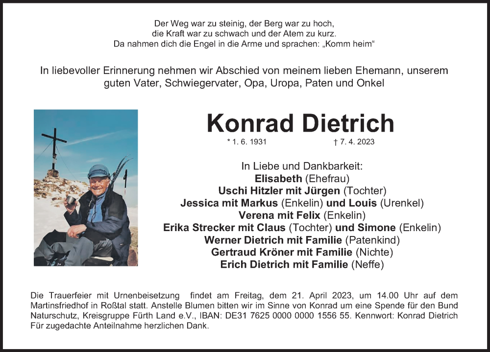  Traueranzeige für Konrad Dietrich vom 15.04.2023 aus Fürther Nachrichten Lokal