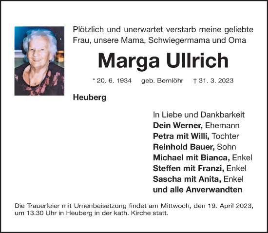 Traueranzeige von Marga Ullrich von Roth-Hilpoltsteiner Volkszeitung Lokal