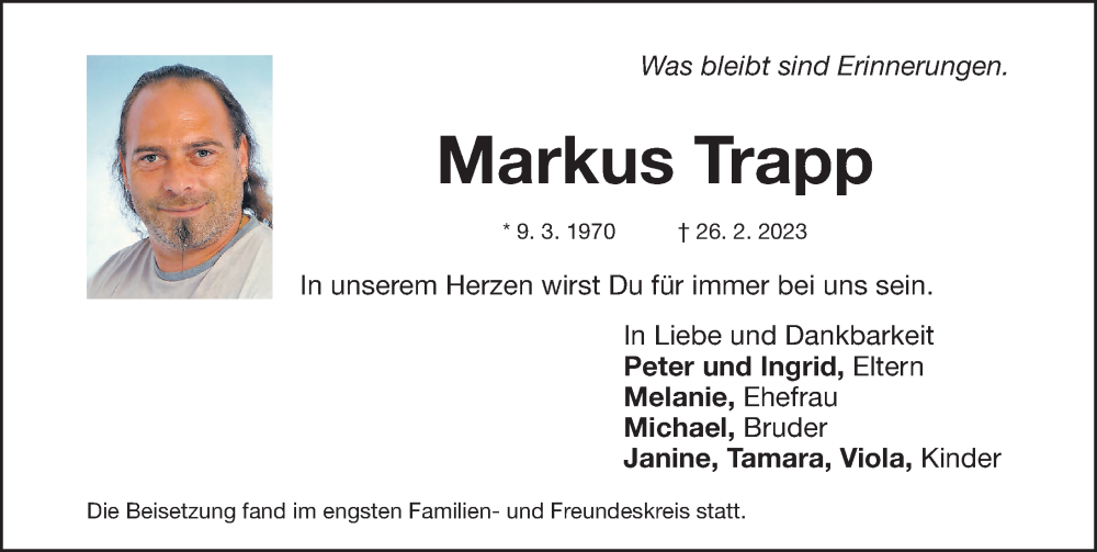  Traueranzeige für Markus Trapp vom 08.04.2023 aus Fürther Nachrichten Lokal