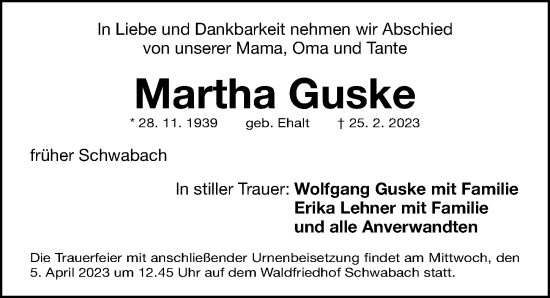Traueranzeige von Martha Guske von Schwabacher Tagblatt Lokal