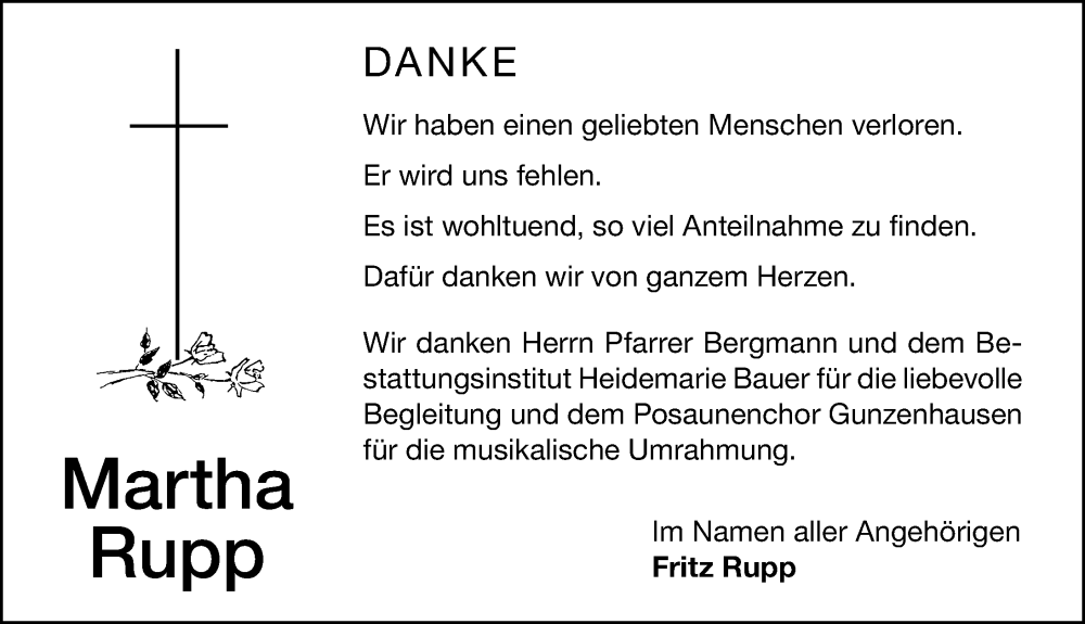  Traueranzeige für Martha Rupp vom 28.04.2023 aus Altmühl-Bote Lokal