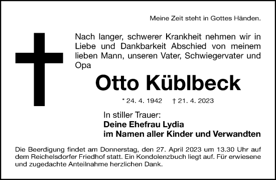 Traueranzeige von Otto Küblbeck von Gesamtausgabe Nürnberger Nachrichten/ Nürnberger Ztg.
