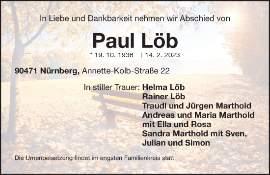 Traueranzeige von Paul Löb von Gesamtausgabe Nürnberger Nachrichten/ Nürnberger Ztg.