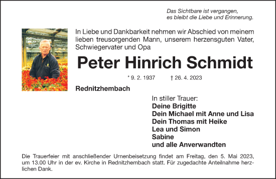 Traueranzeige von Peter Hinrich Schmidt von Roth-Hilpoltsteiner Volkszeitung/ Schwabach