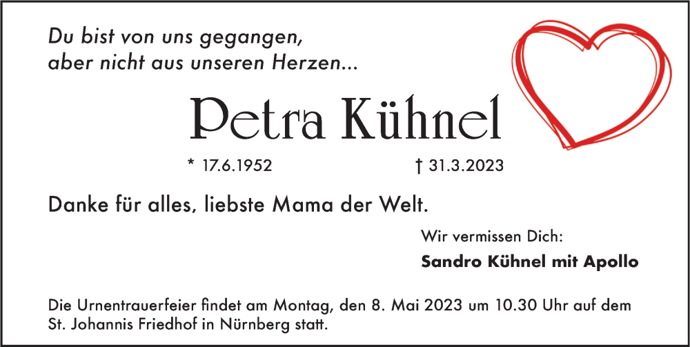  Traueranzeige für Petra Kühnel vom 29.04.2023 aus Fürther Nachrichten Lokal