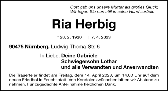 Traueranzeige von Ria Herbig von Gesamtausgabe Nürnberger Nachrichten/ Nürnberger Ztg.