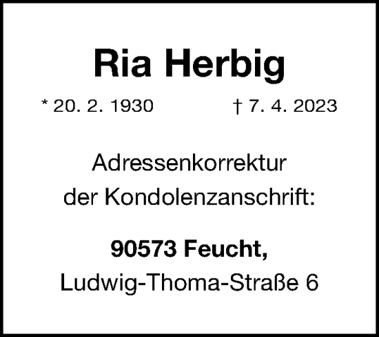 Traueranzeige von Ria Herbig von Gesamtausgabe Nürnberger Nachrichten/ Nürnberger Ztg.