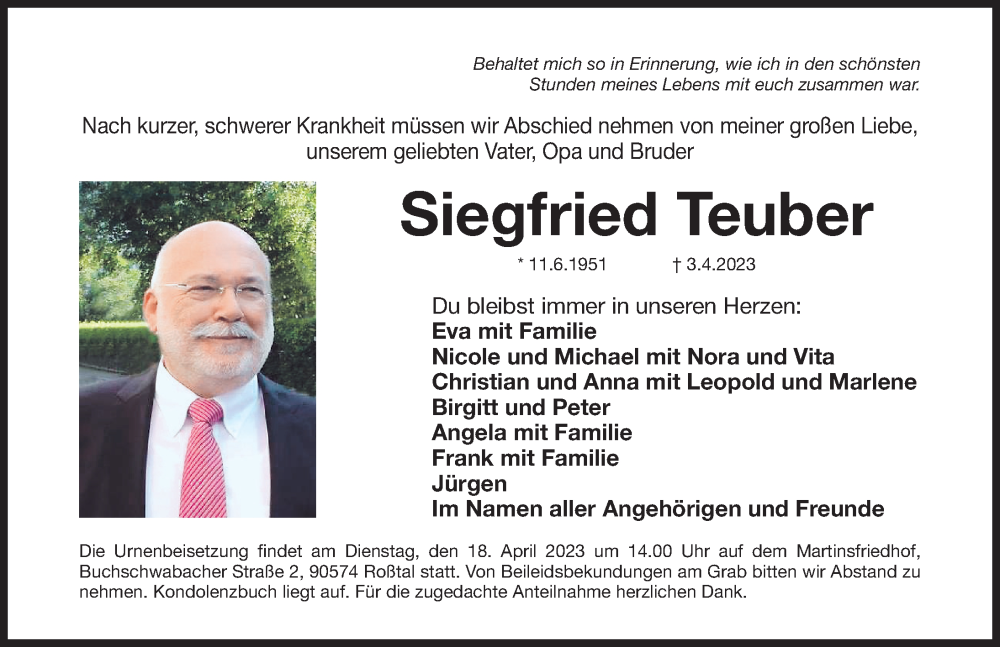  Traueranzeige für Siegfried Teuber vom 15.04.2023 aus Fürther Nachrichten Lokal