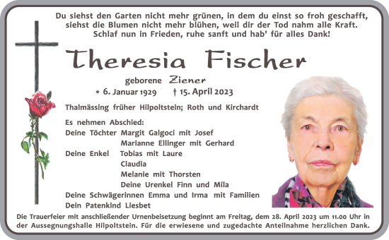 Traueranzeige von Theresia Fischer von Roth-Hilpoltsteiner Volkszeitung Lokal