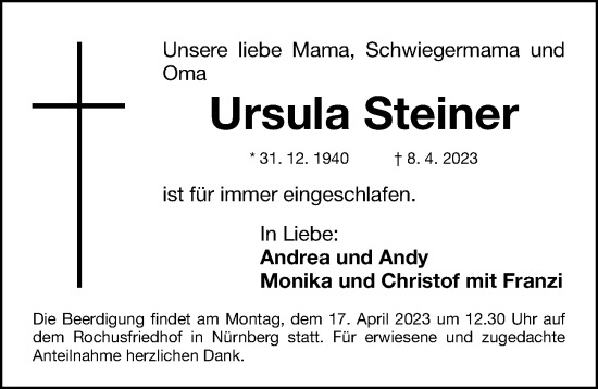 Traueranzeige von Ursula Steiner von Gesamtausgabe Nürnberger Nachrichten/ Nürnberger Ztg.