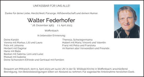 Traueranzeige von Walter Federhofer von Neumarkter Nachrichten Lokal
