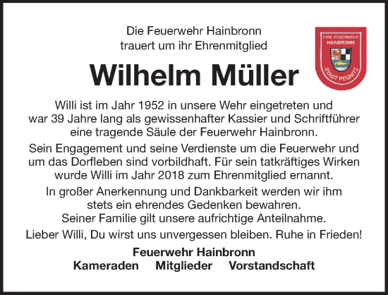 Traueranzeige von Wilhelm Müller von Nordbayerische Nachrichten Pegnitz Lokal