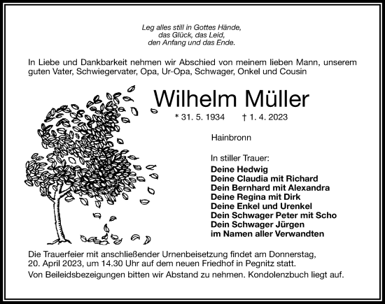 Traueranzeige von Wilhelm Müller von Nordbayerische Nachrichten Pegnitz Lokal