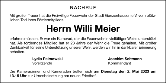 Traueranzeige von Willi Meier von Altmühl-Bote Lokal