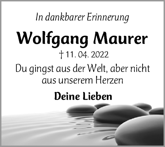 Traueranzeige von Wolfgang Maurer von Fürther Nachrichten Lokal