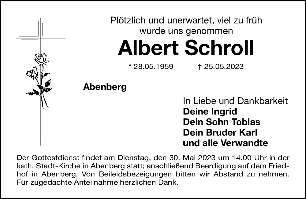  Traueranzeige für Albert Schroll vom 27.05.2023 aus Roth-Hilpoltsteiner Volkszeitung Lokal