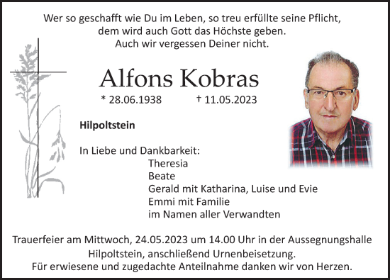 Traueranzeige von Alfons Kobras von Roth-Hilpoltsteiner Volkszeitung Lokal