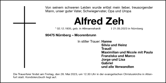 Traueranzeige von Alfred Zeh von Gesamtausgabe Nürnberger Nachrichten/ Nürnberger Ztg.