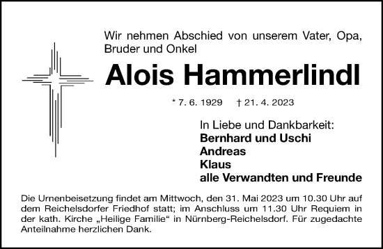 Traueranzeige von Alois Hammerlindl von Gesamtausgabe Nürnberger Nachrichten/ Nürnberger Ztg.