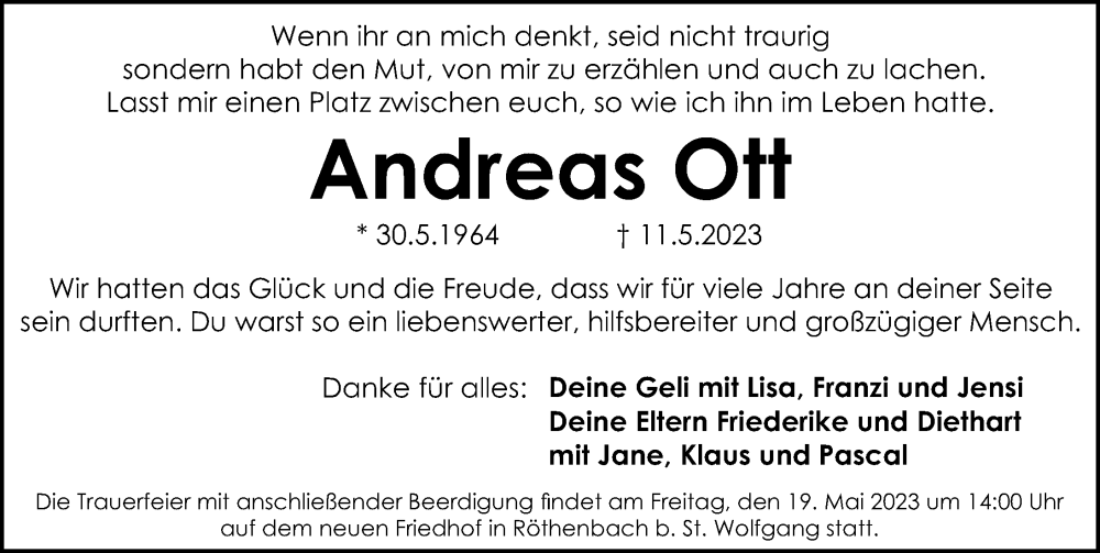  Traueranzeige für Andreas Ott vom 17.05.2023 aus Schwabacher Tagblatt Lokal