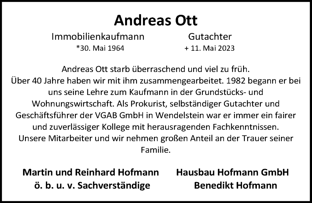  Traueranzeige für Andreas Ott vom 20.05.2023 aus Gesamtausgabe Nürnberger Nachrichten/ Nürnberger Ztg.