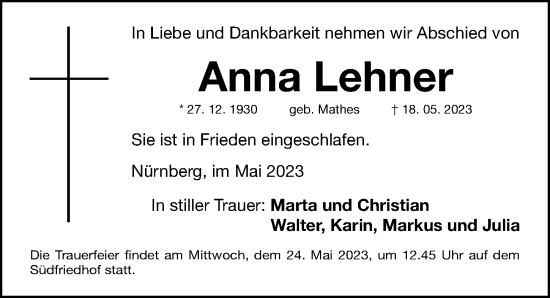 Traueranzeige von Anna Lehner von Gesamtausgabe Nürnberger Nachrichten/ Nürnberger Ztg.