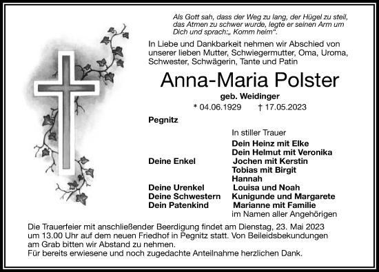 Traueranzeige von Anna-Maria Polster von Nordbayerische Nachrichten Pegnitz Lokal