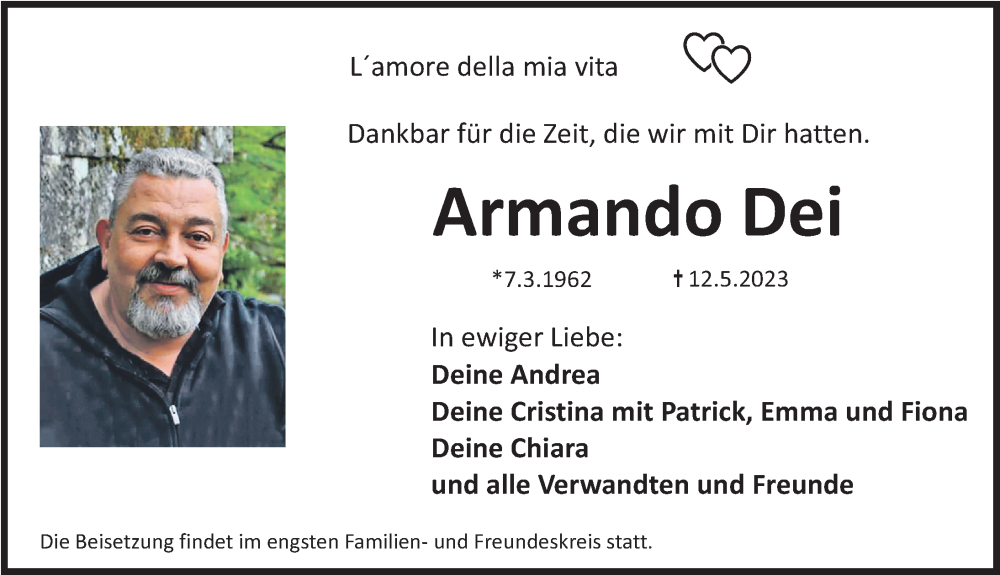  Traueranzeige für Armando Dei vom 20.05.2023 aus Erlanger Nachrichten Lokal