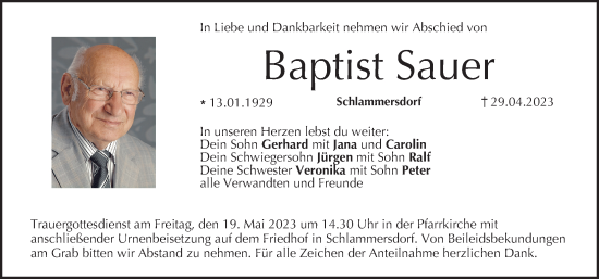 Traueranzeige von Baptist Sauer von Nordbayerische Nachrichten Forchheim Lokal