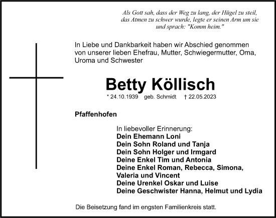 Traueranzeige von Betty Köllisch von Roth-Hilpoltsteiner Volkszeitung Lokal