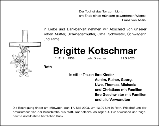 Traueranzeige von Brigitte Kotschmar von Roth-Hilpoltsteiner Volkszeitung Lokal