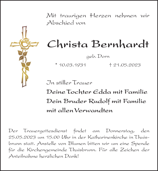 Traueranzeige von Christa Bernhardt von Nordbayerische Nachrichten Forchheim Lokal