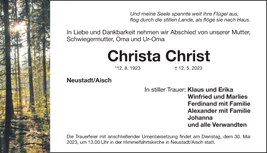 Traueranzeige von Christa Christ von Nordbayerische Nachrichten Herzogenaurach Lokal