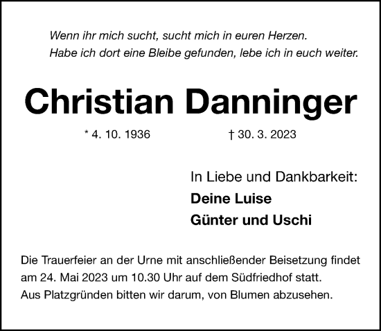 Traueranzeige von Christian Danninger von Gesamtausgabe Nürnberger Nachrichten/ Nürnberger Ztg.